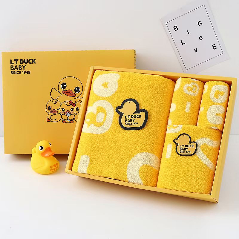 LTDUCK Children's bath towel Cotton towel 4-piece box Gift Set Soft and absorbent for men and women