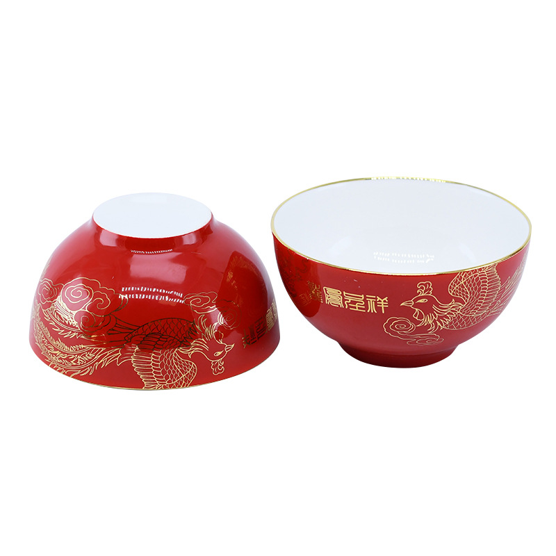 10 ceramic bowls for wedding, auspicious dragon and phoenix, wedding ceramic tableware, single rice bowl, red porcelain gift bowl wholesale Item Picture