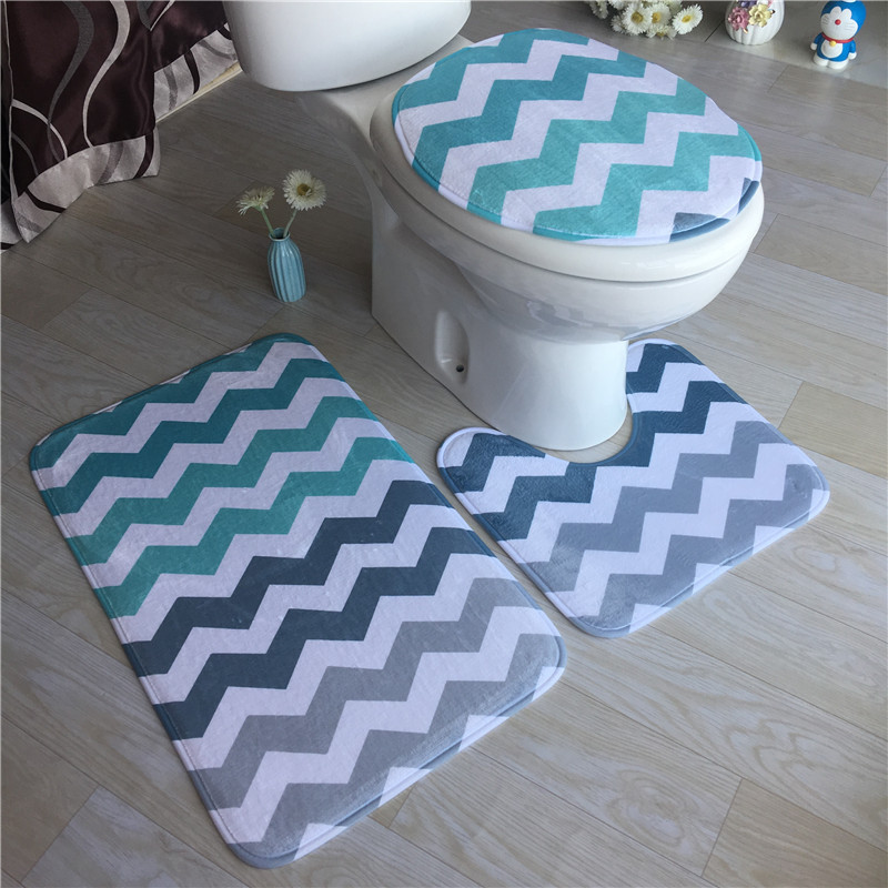 3D Ocean Dolphin Anti-slip Absorbent Floor mat Carpet Flannel three-piece set Toilet floor mat Bathroom anti-slip mat Specification image