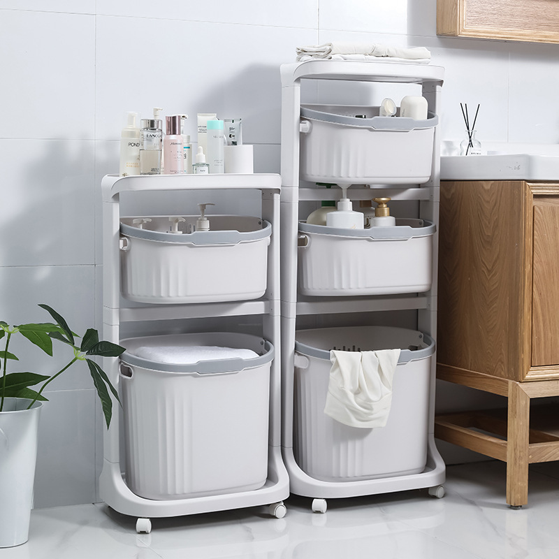 Household bathroom multi-layer organizing and storage rack with wheels, rotating bathroom floor-standing storage basket, multi-functional laundry basket Item Picture
