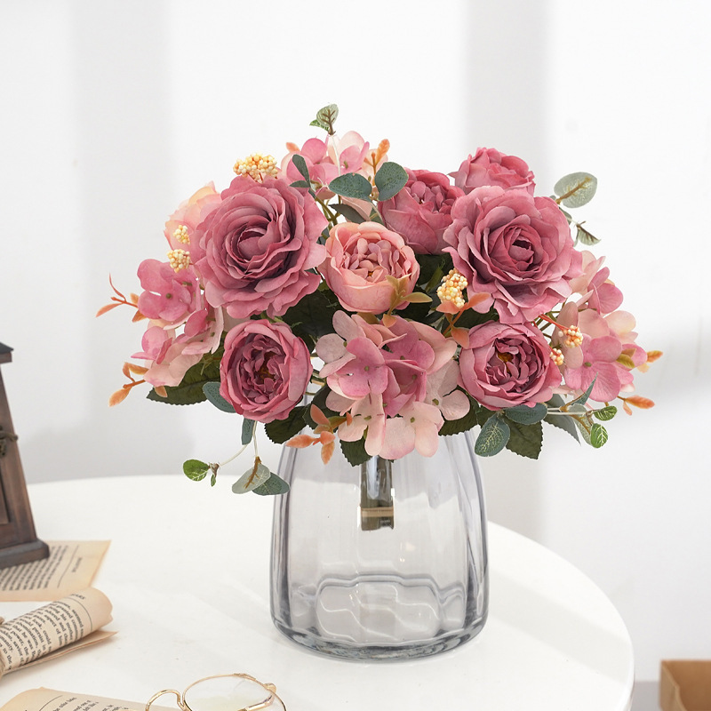 European-style hydrangea and peony bouquets, artificial silk flowers, fake flowers, wedding home, living room decoration, photography and shooting props Specification image