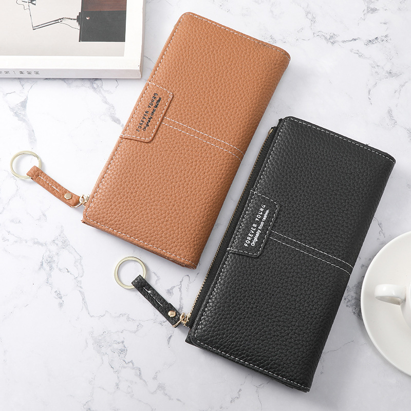 Korean version of the new wallet women long solid color simple lychee pattern multi-card large capacity zipper purse purse
