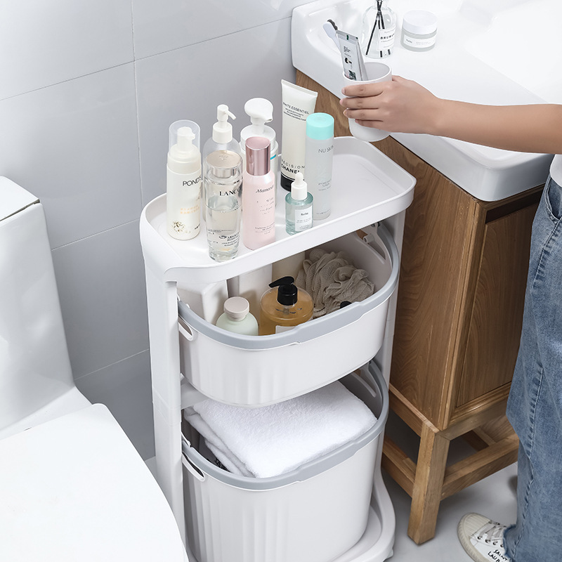 Household bathroom multi-layer organizing and storage rack with wheels, rotating bathroom floor-standing storage basket, multi-functional laundry basket Specification image