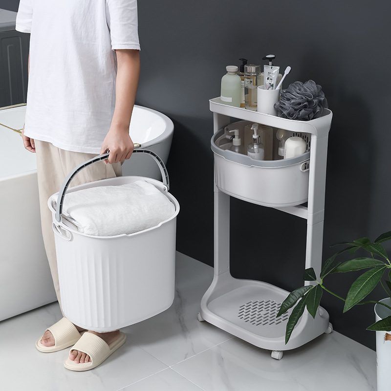Household bathroom multi-layer organizing and storage rack with wheels, rotating bathroom floor-standing storage basket, multi-functional laundry basket details Picture