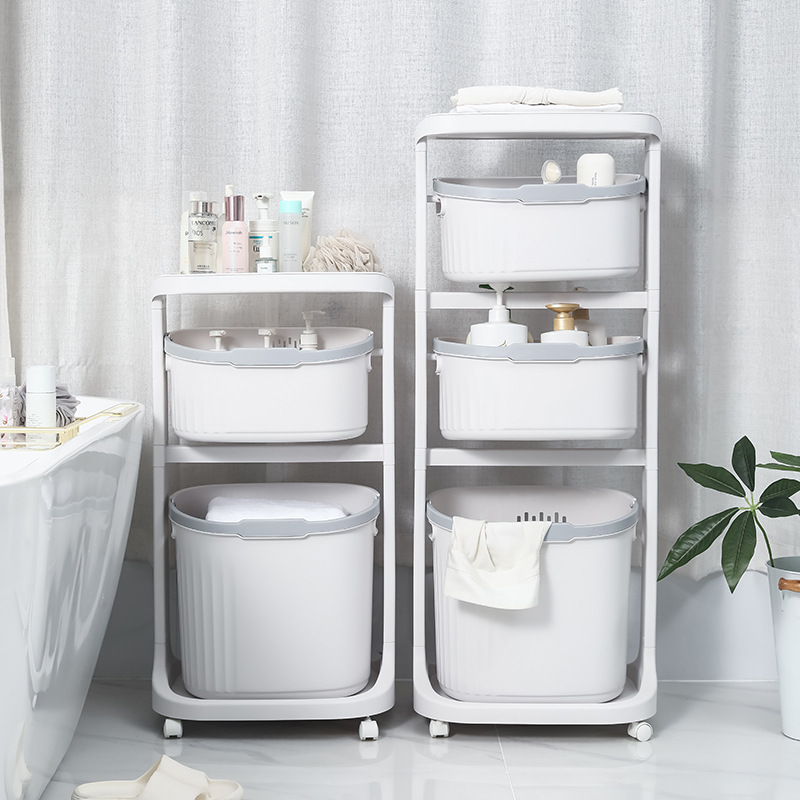 Household bathroom multi-layer organizing and storage rack with wheels, rotating bathroom floor-standing storage basket, multi-functional laundry basket