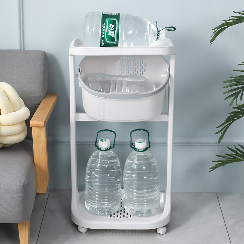 Household bathroom multi-layer organizing and storage rack with wheels, rotating bathroom floor-standing storage basket, multi-functional laundry basket Application Scenario