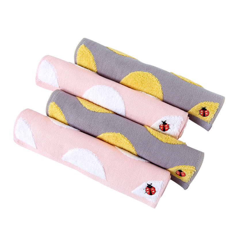 Children's towel, pure cotton baby face wash, jacquard cartoon embroidery, kindergarten face wipe, polka dot ladybug Item Picture