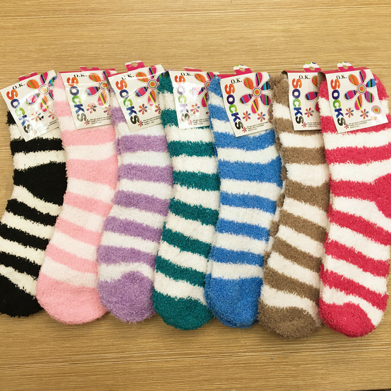 冬款女士半边绒条纹地板睡眠袜子 毛巾袜诸暨批发加厚 珊瑚绒保暖