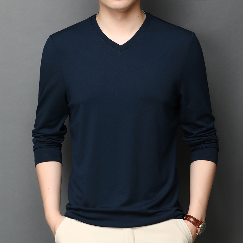 Silk T shirt autumn 2021 new men modal V collar long sleeve T-shirt trend solid color casual bottom shirt