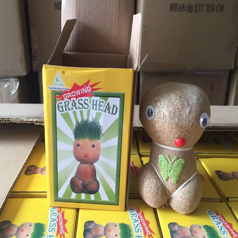 Plant long grass, cultivate large-eyed cute kids with big flat heads, medium-sized grass dolls, creative plant farm potted grass heads details Picture