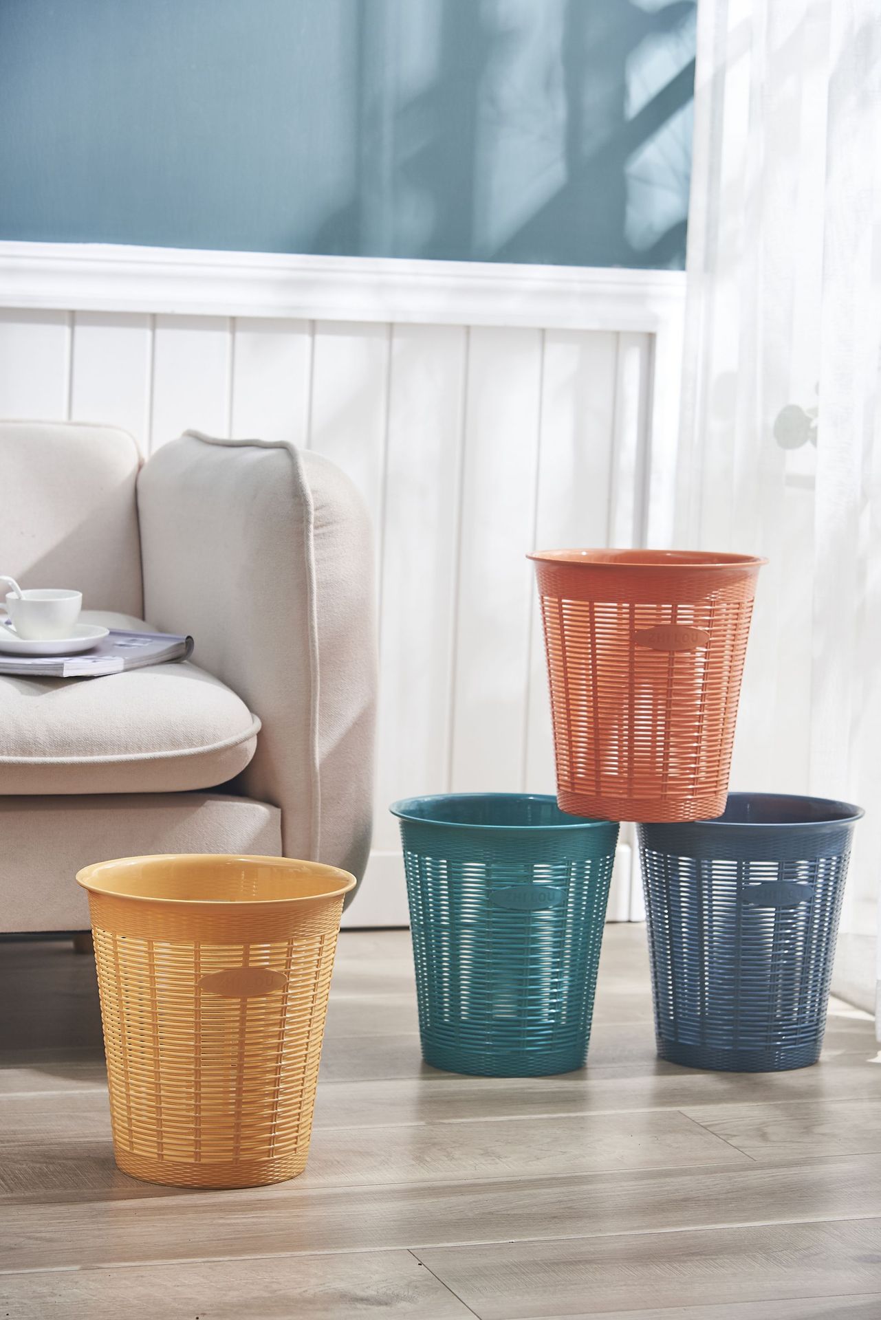 撞色纸篓家用垃圾桶厕所卫生间厨房简约无盖卫生桶塑料镂空垃圾桶