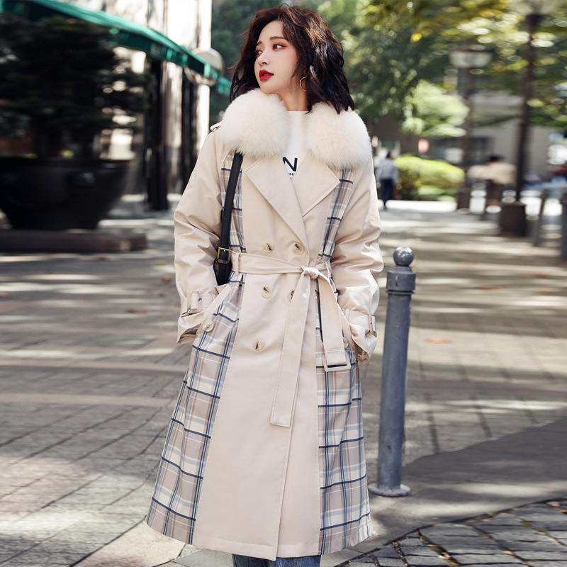 韩版狐狸毛领90白鸭绒中长款格子拼接女式羽绒服  N078