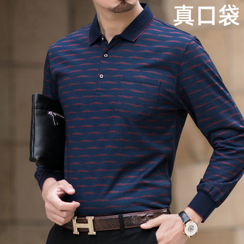 Spring and autumn long sleeve T shirt men's lapel t shirt middle-aged and elderly casual men's pullover men's undershirt old sweater