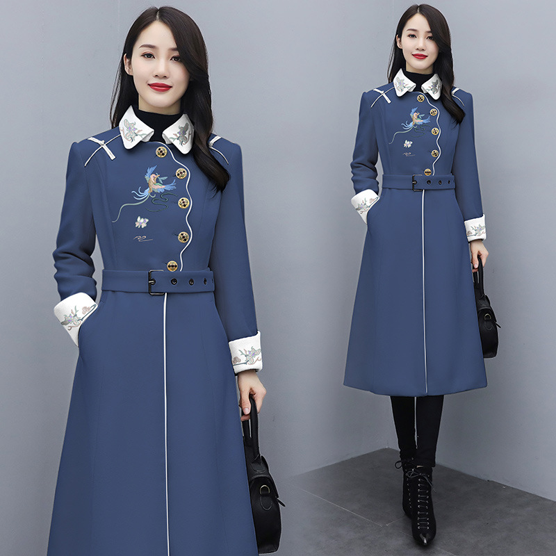 Women's woolen coat 2021 Autumn New style Fashionable long heavy embroidery fitted woolen coat ZM20907 Specification image