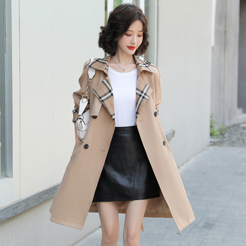 Wholesale of 2021 autumn new Korean style lapel checkered color-blocking double-breasted long-sleeved women's windbreaker ZY765 in stock Application Scenario