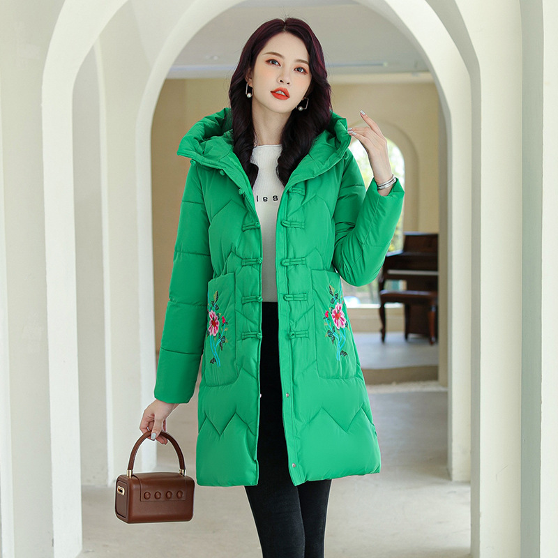 冬装羽绒棉服女红色妈妈装中长款复古羽绒棉外套中式棉衣袄图