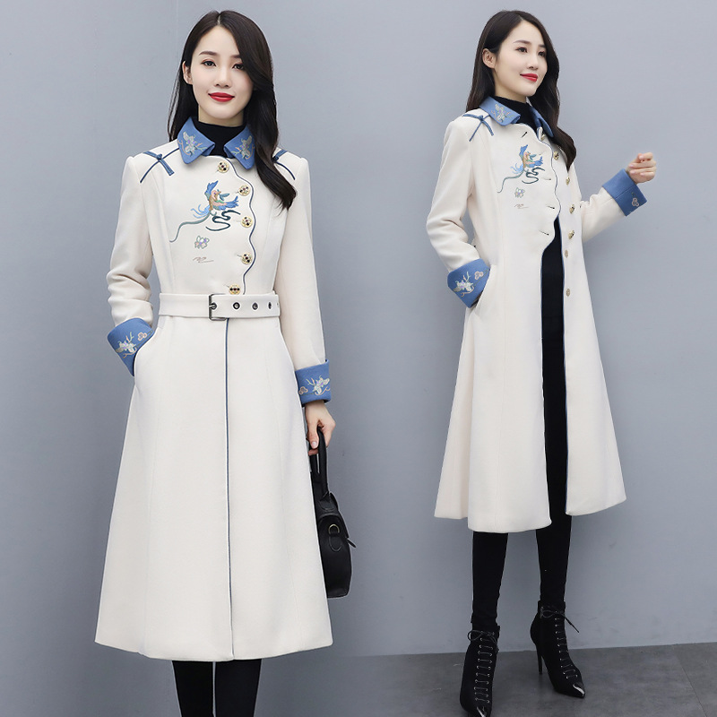 Women's woolen coat 2021 Autumn New style Fashionable long heavy embroidery fitted woolen coat ZM20907 details Picture