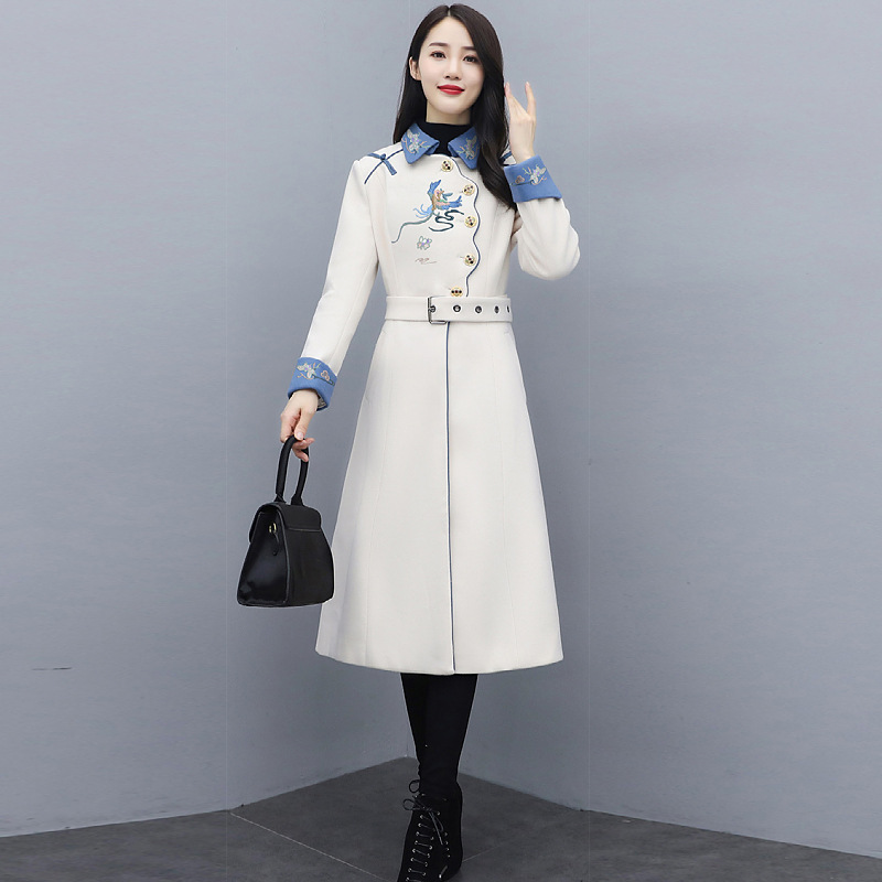 Women's woolen coat 2021 Autumn New style Fashionable long heavy embroidery fitted woolen coat ZM20907