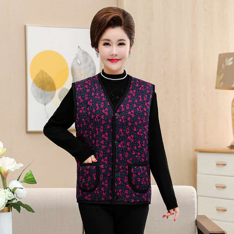 Middle-aged and elderly vest female autumn and winter with cashmere cotton vest grandma cardigan large size vest mother elderly wholesale