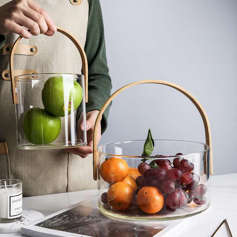 Nordic High Borosilicate Glass Hand Basket Fruit Tea Basket Salad Bowl Snack Tray Beer Bucket Net Celebrity Shot Fruit Basket