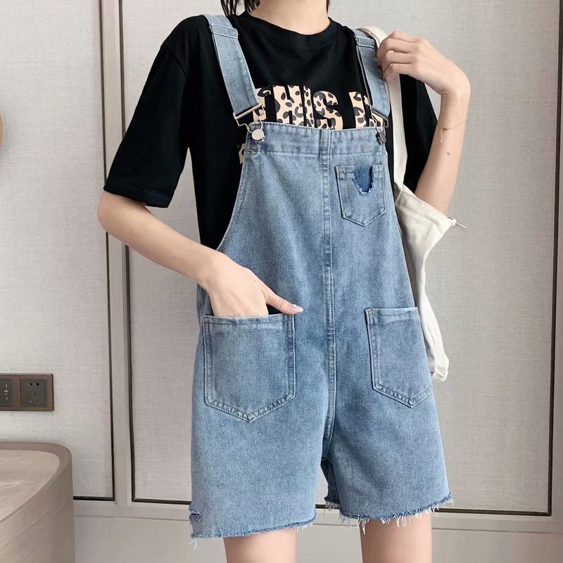 Summer internet-famous ripped denim overalls for women, high-waisted, loose, plus-size, youthful and petite student suspenders details Picture