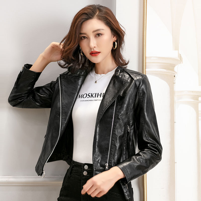 新款2021春秋海宁黑色机车服修身时尚短款皮夹克女士皮衣外套潮
