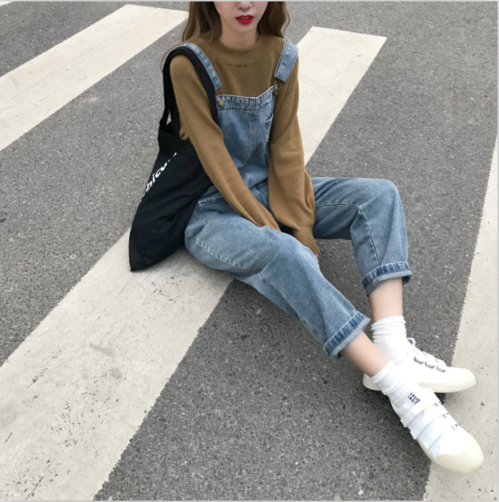 Summer new denim overalls for women, Korean style loose high-waisted, trendy and versatile, slimming straight-leg ins pants Item Picture