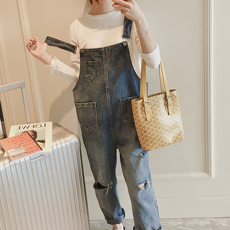 Ripped denim overalls for female students, new autumn style loose Korean-style wide-leg straight-leg simple halter nine-inch pants Specification image