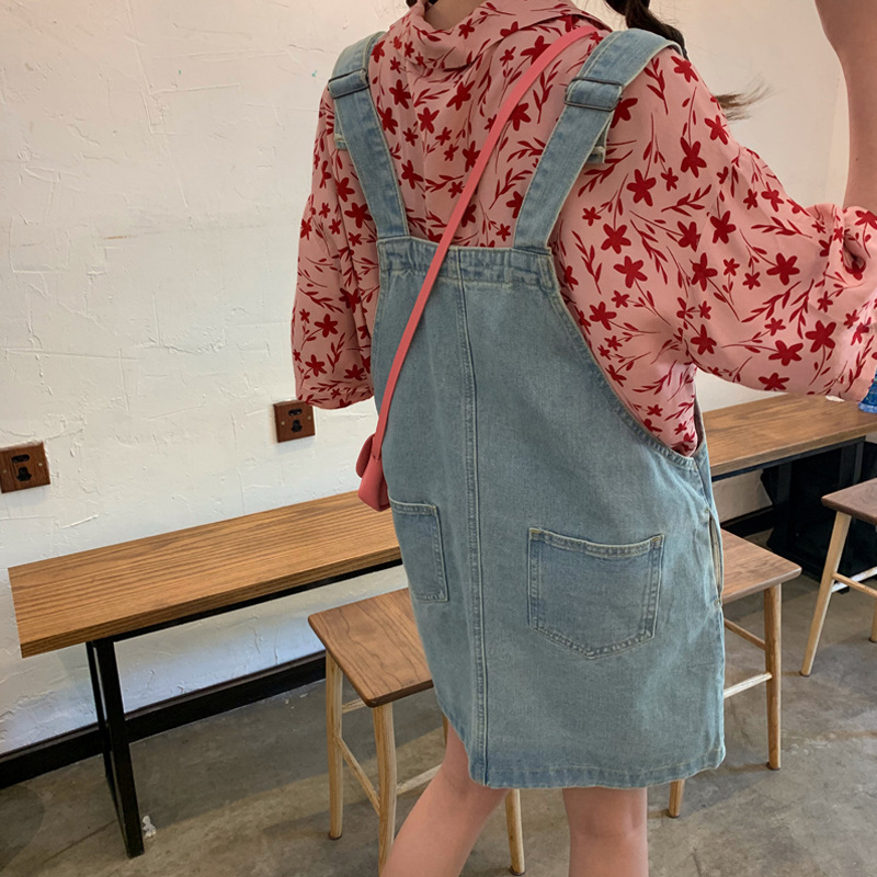 College-style embroidered denim halter dress 2020 autumn/winter new Korean-style plus-size loose dress for girls, fresh and cute Item Picture