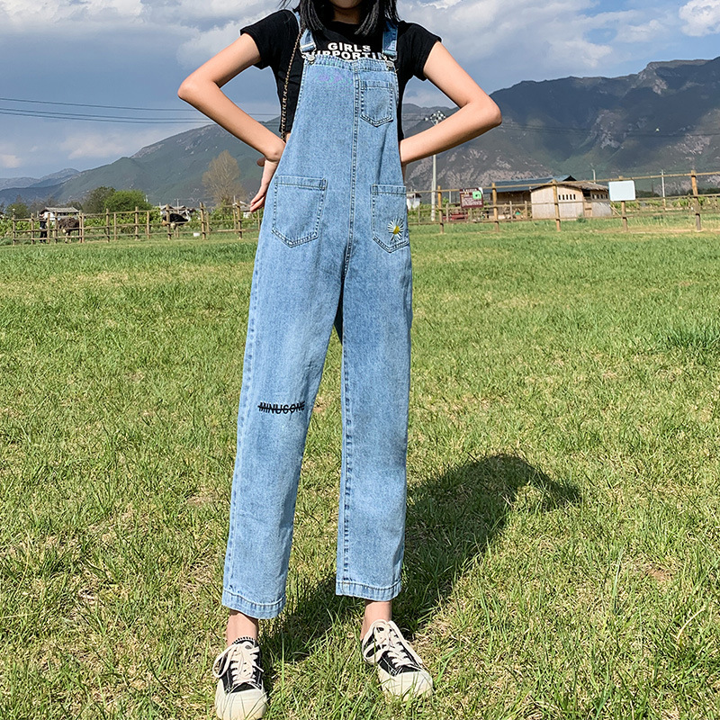 Denim overalls for women's autumn new Korean style, fashionable, loose and versatile, Daisy wide-leg, large-sized, chubby girls nine-inch pants details Picture