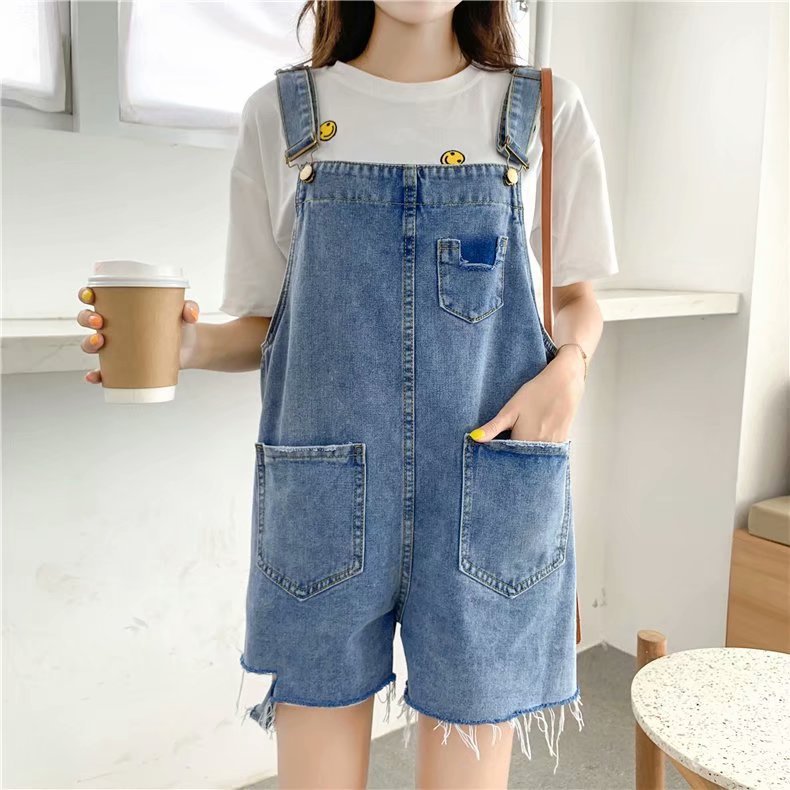 Summer college-style denim overalls for women, Korean style, oversized, loose, youthful and slimming, oversized straight-leg pants Specification image