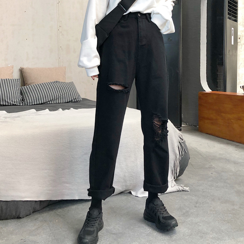 Spring and Autumn 2020 New retro Hong Kong-style ins high-waisted slimming fashion ripped beggar pants black denim long pants for women Specification image