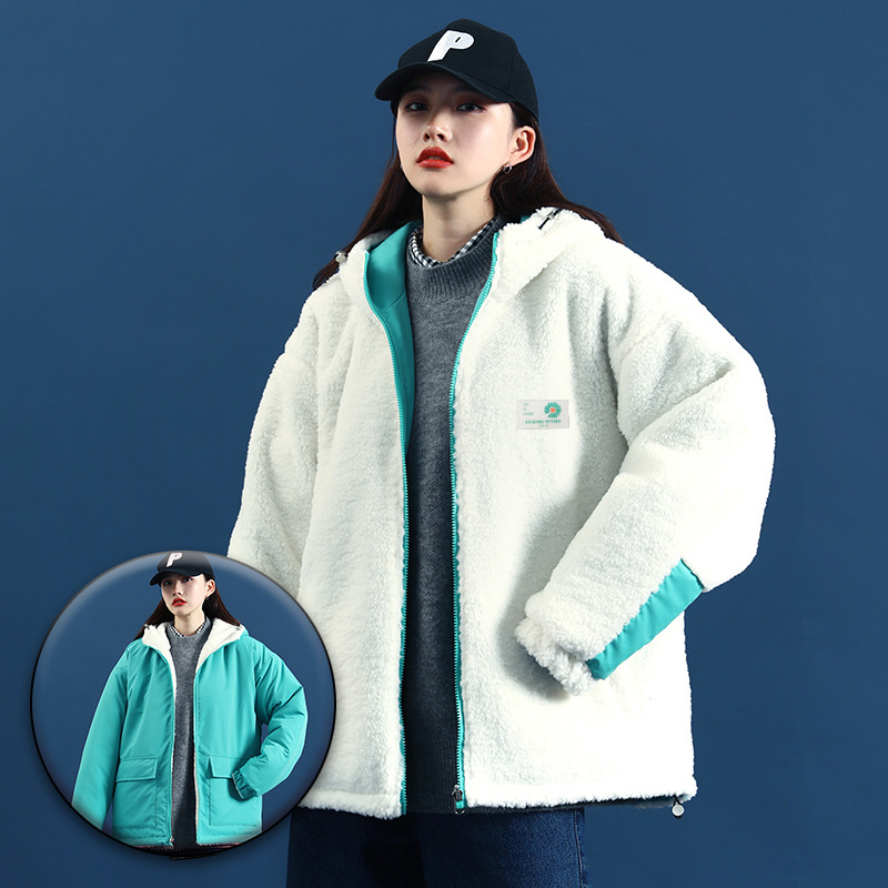 外贸品质冬季男女情侣款加厚羊羔毛两面穿外套新品麦穗绒连帽绣花