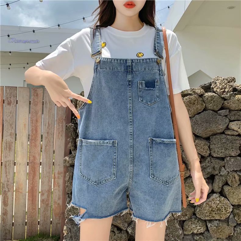 Summer college-style denim overalls for women, Korean style, oversized, loose, youthful and slimming, oversized straight-leg pants Item Picture