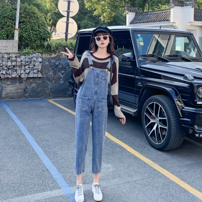 The new large-sized women's denim overalls for autumn and winter are loose and slimming, adding a nine-inch straight Harem pant for overweight girls details Picture