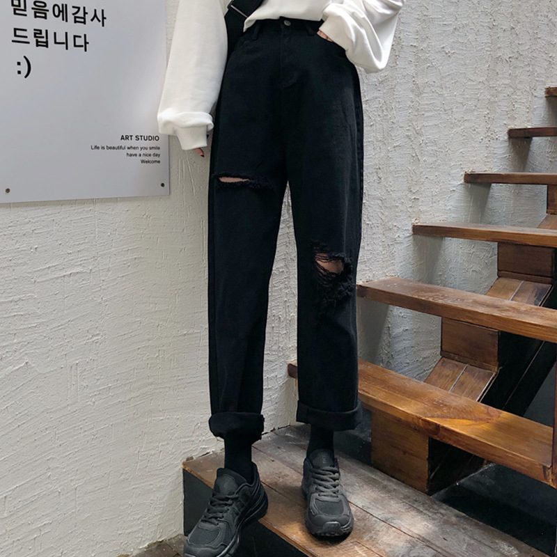 Spring and Autumn 2020 New retro Hong Kong-style ins high-waisted slimming fashion ripped beggar pants black denim long pants for women details Picture
