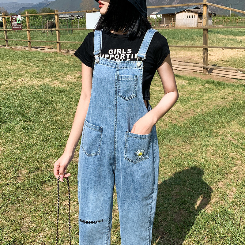 Denim overalls for women's autumn new Korean style, fashionable, loose and versatile, Daisy wide-leg, large-sized, chubby girls nine-inch pants