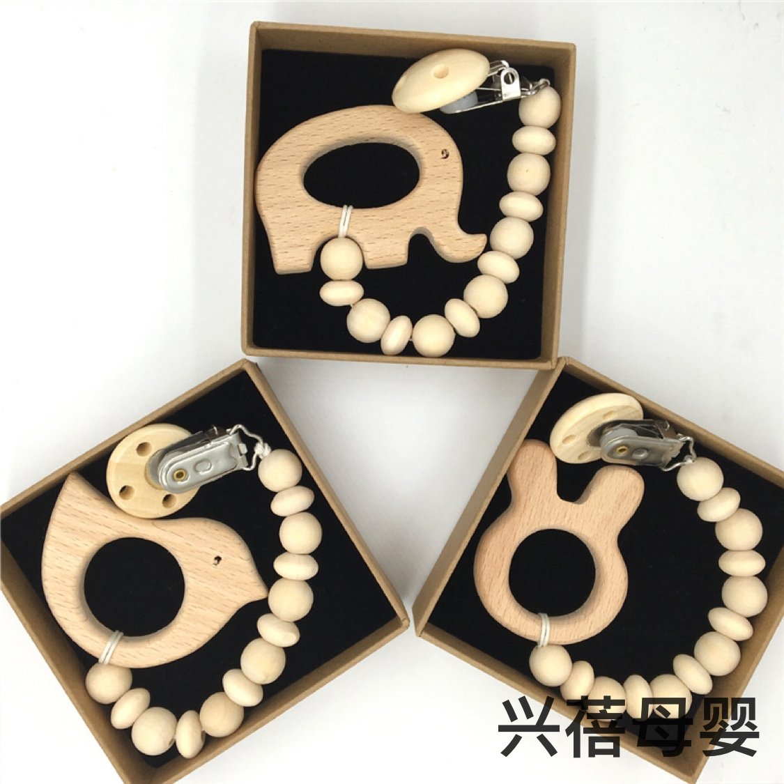 Cartoon beech wood animal pacifier chain, baby anti-drop chain, wooden teething anti-drop pacifier chain, soothing pacifier chain