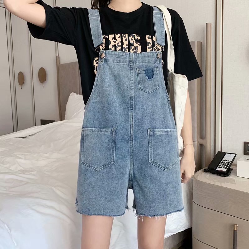 Summer internet-famous ripped denim overalls for women, high-waisted, loose, plus-size, youthful and petite student suspenders Specification image