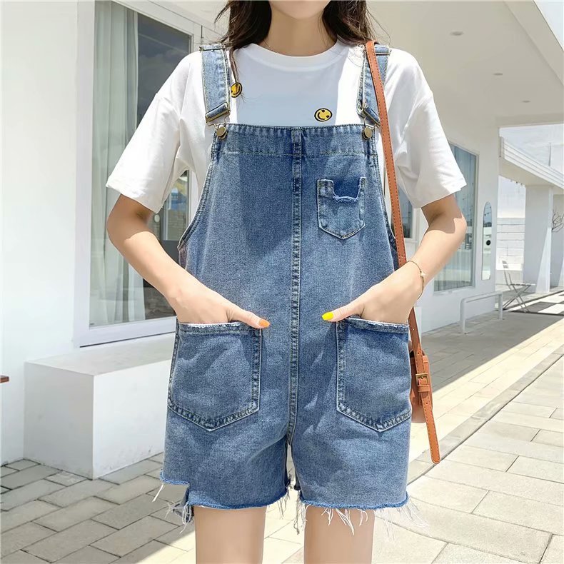 Summer college-style denim overalls for women, Korean style, oversized, loose, youthful and slimming, oversized straight-leg pants details Picture
