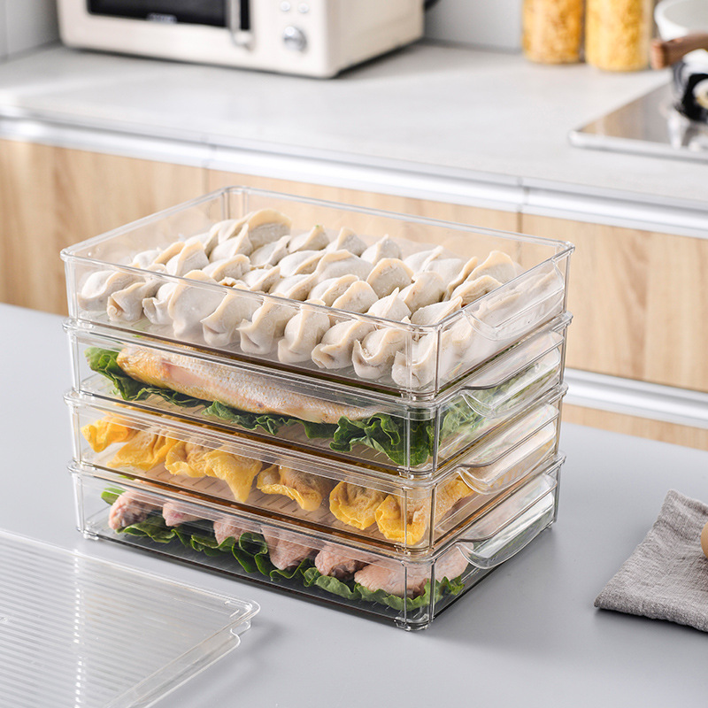 Kitchen storage box, household refrigerator drawer-type fresh-keeping box, transparent and stackable with dust-proof cover, dumpling storage box Application Scenario
