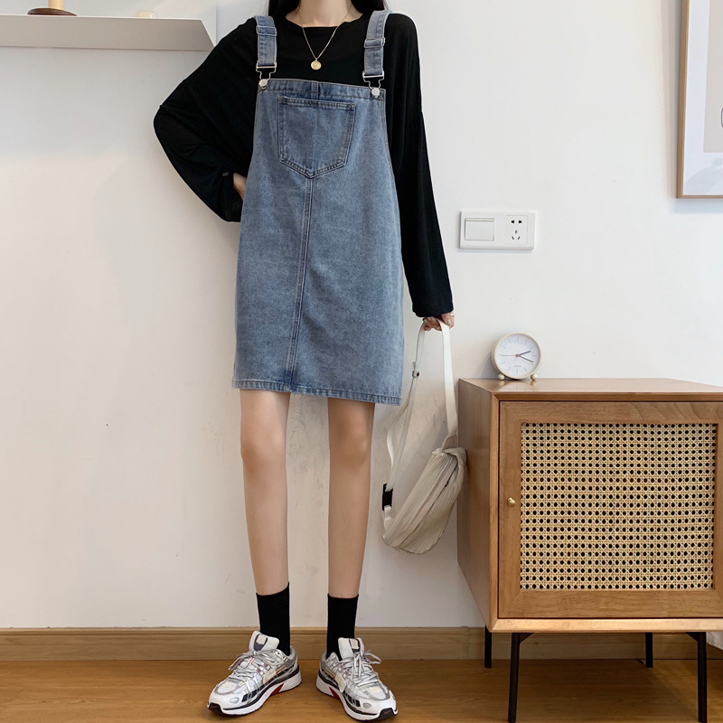 Spring Korean-style denim strappy dress for women, a new fashion, loose, student-friendly, versatile and simple women's dress trend on Instagram Specification image