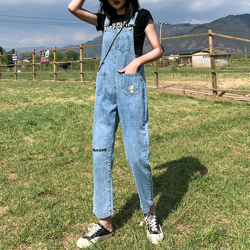 Denim overalls for women's autumn new Korean style, fashionable, loose and versatile, Daisy wide-leg, large-sized, chubby girls nine-inch pants Specification image