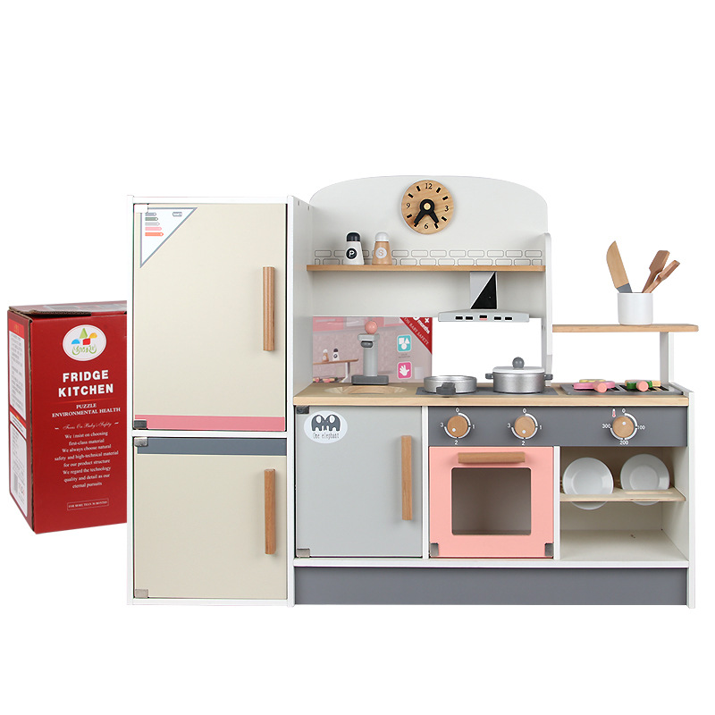 New wooden refrigerator kitchen F children play house, imitate cooking, baby kitchenware, parent-child interactive and educational toys details Picture