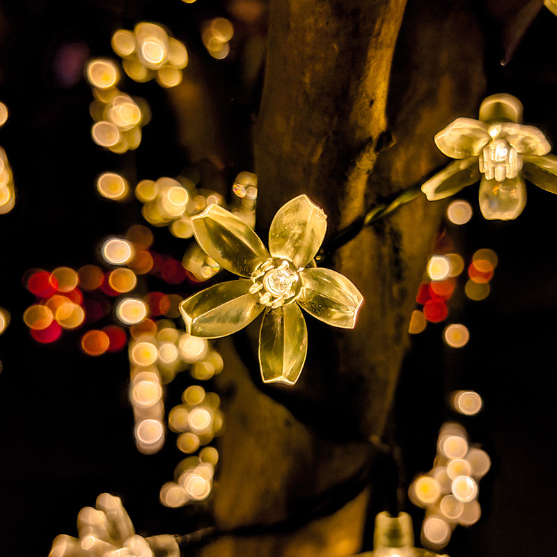 户外防水LED太阳能灯串桃花花朵造型闪灯桃花灯串圣诞节庭院装饰