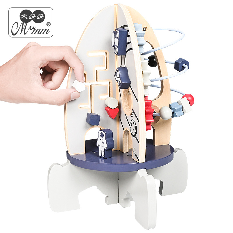 Wooden rocket winding toys for babies' early education and intelligence development, cultivating hands-on and brain-stimulating abilities, and training children's logical thinking Item Picture