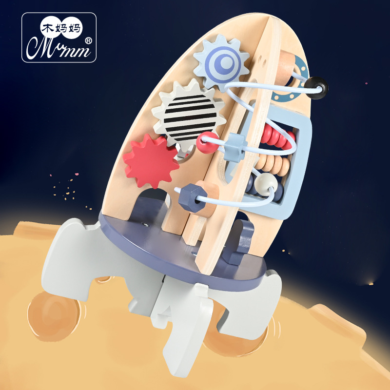 Wooden rocket winding toys for babies' early education and intelligence development, cultivating hands-on and brain-stimulating abilities, and training children's logical thinking details Picture