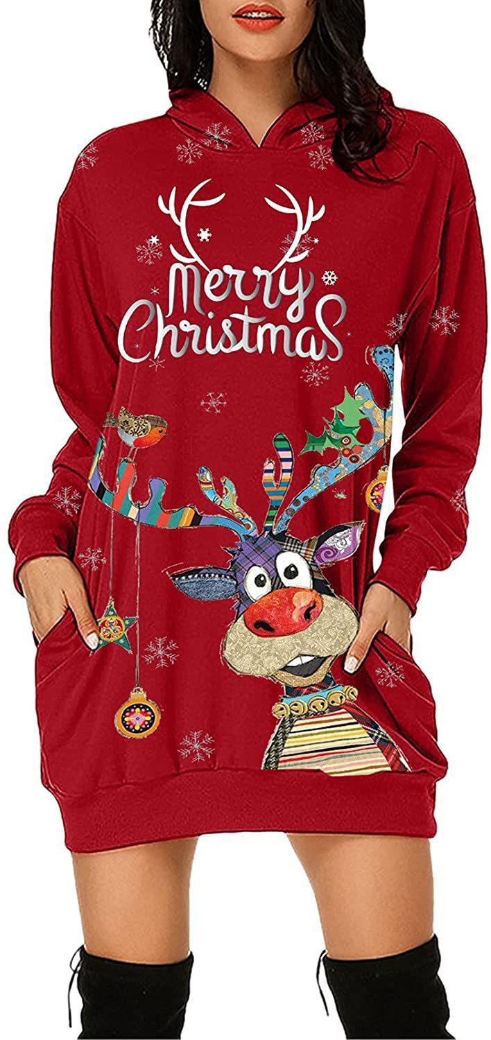 Cross-border European and American women's long-sleeved hoodie dress 2021 autumn new Amazon Christmas print hooded dress Item Picture