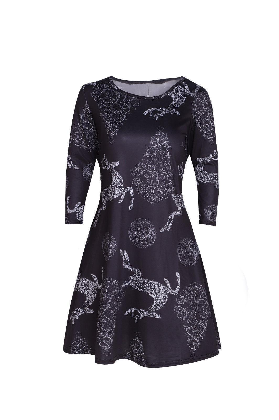 Cross-border supply 2021 autumn/Winter new European and American Christmas printed short skirt round-neck long-sleeved women's dress details Picture