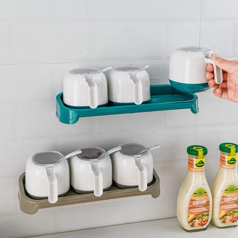 Factory direct sales of new creative plastic seasoning boxes, no drilling, no marks, wall-mounted kitchen seasoning storage boxes wholesale Application Scenario